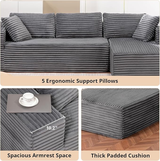 LUCKLIFE Modular Sectional Couch with L-Shape Chaise,Corduroy Upholstery Boneless Couches for Living Room,Oversized Sleeper Sofa,No Assembly Required (Grey, L Shape with Right Facing Chaise)