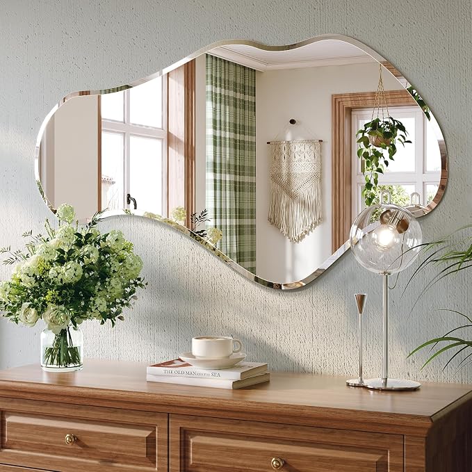 Irregular Wall Mirror, 26”x46” Asymmetrical Wall Mirror, Frameless Asymmetrical Mirrors for Bathroom Entry Way Bedroom Living Room by Wiserset