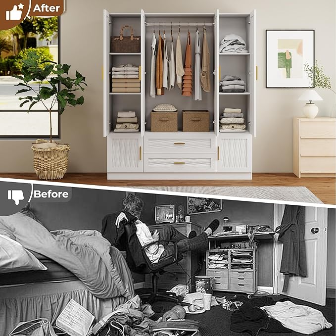 White Wardrobe Closet with Doors, 4 Drawers, Hanging Rods, Metal Handles, Large Capacity, Modern Minimalist Design, Textured Finish，Ideal for Bedroom 63.0" W x 20.39" D x 70.41" H (19)