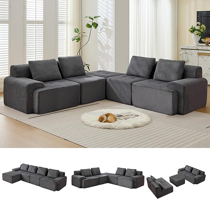 Modular Sectional Sofa, Boneless Couches for Living Room, Corduroy Couch, Big Comfy Couch, Modular Cloud Sofa with Deep Seat (Grey, 5 Pieces-L Shape)