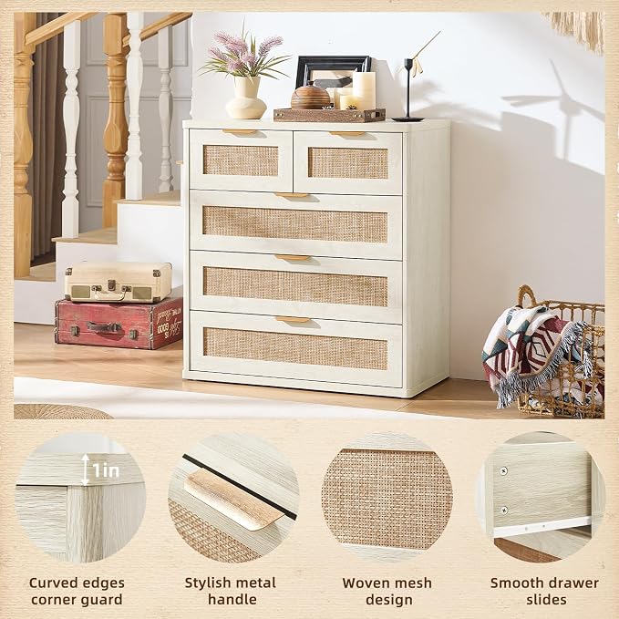 LEYAOYAO White Dresser for Bedroom, 33.5" Tall Chest of Drawers, Modern 5 Drawers Boho Rattan Dressers with Storage, Dresser Wooden Closet Organizer for Living Room, Hallway - Image 4