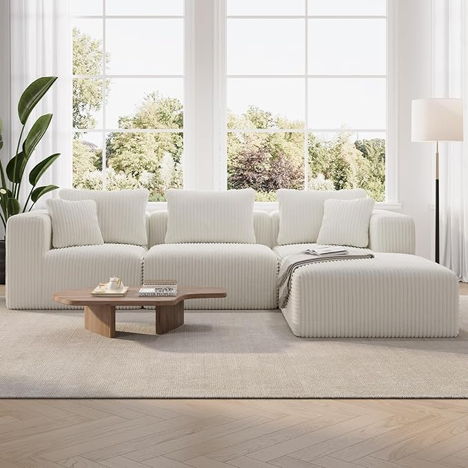 Novilla 106" Modular Sectional Sofa, Modern Cloud Sectional Couch with Smarts Coil® Support, L-Shape Boneless Couch for Living Room Apartments, No Assembly Required, Beige (3 Seat w/ 1 Ottoman)