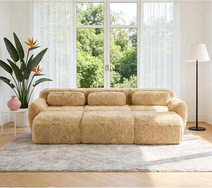 114.7" Sectional Sofa Bed, 6-Seater Modular Sleeper Boneless Couch with Movable Ottoman, Plush Convertible Sofa Set Deep Seat Couches for Living Room, Bedroom and Apartment, Light Khaki