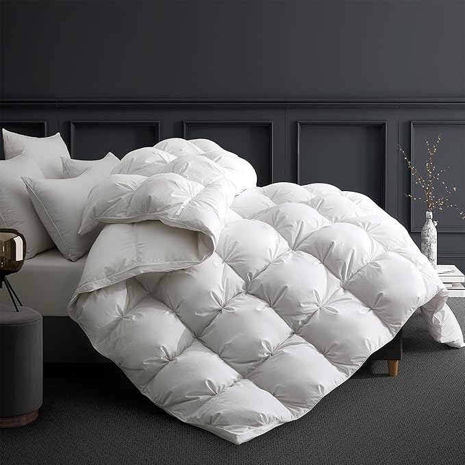 UNIKOME King Size Goose Feather Down Fiber Comforter - Pinch Pleat Duvet Insert All Season with 100% Cotton Cover, Warm Bed Comforter with 20% Extra Fill, Cloud-Like Fluffiness (106"X90", White)
