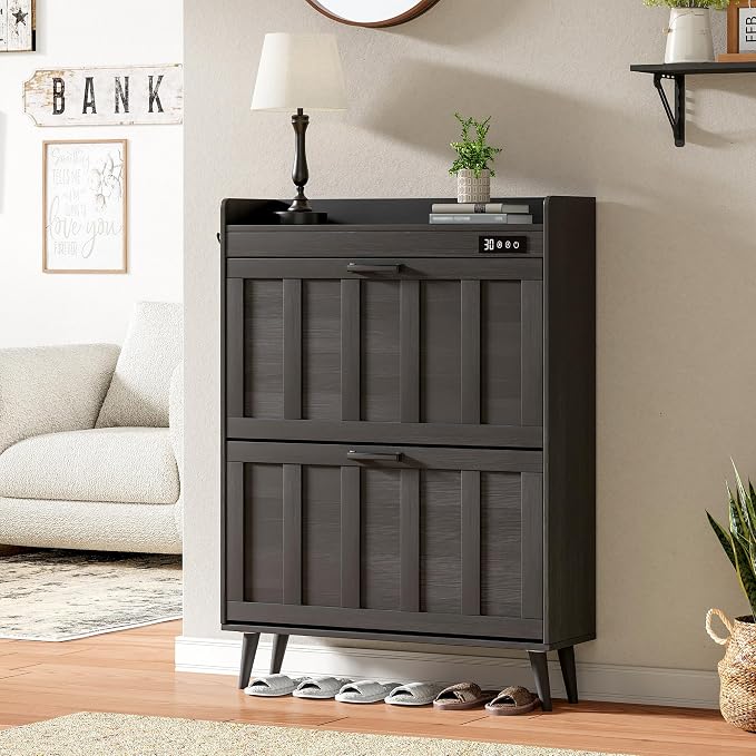 ChooChoo Shoe Storage Cabinet with 2 Flip Drawers, Deodorizing Shoe Organizer Storage for Entryway, Freestanding Hidden Slim Narrow Shoe Rack Cabinet, Black - Image 8