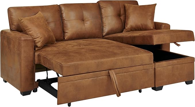 76.5" Sectional Sleeper Sofa with Pull Out Bed, L Shaped 3 Seat Sectional Couches for Living Room,Pull Out Couch Convertible Sofa Bed with Reversible Storage Chaise & 2 Pillows,Brown