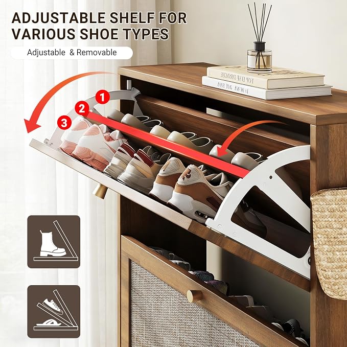 Nicetree Rattan Arched Accent Shoe Storage Cabinet - Freestanding Ultra Slim for Entryway, 3 Flip Drawers & 3-Tier Adjustable Shelves, Farmhouse Modern Rustic Shoe Rack for Hallway, Foyer, Living Room - Image 5