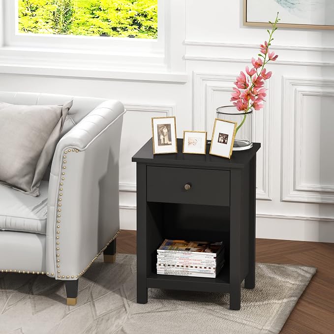 ChooChoo Black Nightstand Set of 2,Night Stand with Charging Station, Wooden Top Bedside End Table with Drawer and Storage Space for Bedroom - Image 6