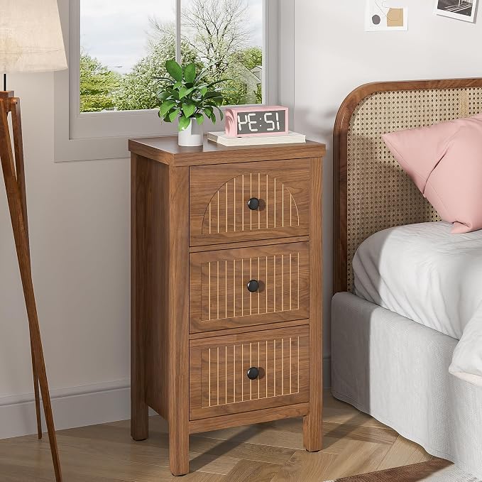 Nightstand Side Table with 3 Fluted Drawers,Mid Century Modern Nightstand for Bedroom,Wooden Bedside Table Storage for Bedroom Living Room Sofa Side Table,Walnut - Image 3