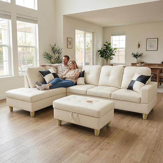 NicBex Modular L-Shaped Sectional Couches, 3-Piece Convertible Couch with Storage Ottoman, 4-Seat Comfy Sofa with Chaise for Living Room & Apartment, Cream White