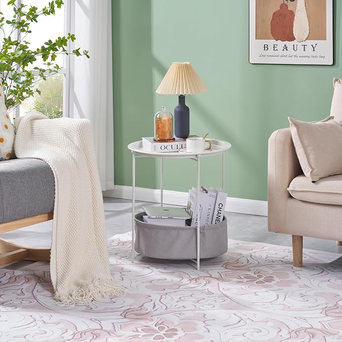VECELO Round Side/End Table with Fabric Storage Basket，Metal Anti-Rust and Waterproof Small Bedside Nightstand with Removable Tray Top for Living Room，Balcony & Laundry，Beige/2pcs with Basket - Image 2