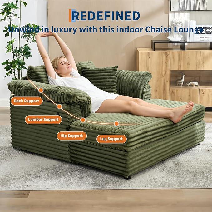 Oversized Chaise Lounge Chair 59 * 54 Inch Indoor Comfy Corduroy Cloud Sleeper Couch Upholstered Sofa Bed with USB Port Throw Pillows Supportive Armrests for Living Room