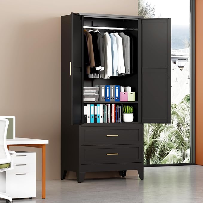 Metal Armoire Wardrobe Closet with 2 Drawers, 71" Wardrobe Cabinet with 1 Adjustable Shelf & 1 Hanging Rod for Bedroom, Black Metal Closet Storage Cabinet with 2 Doors & 2 Drawers