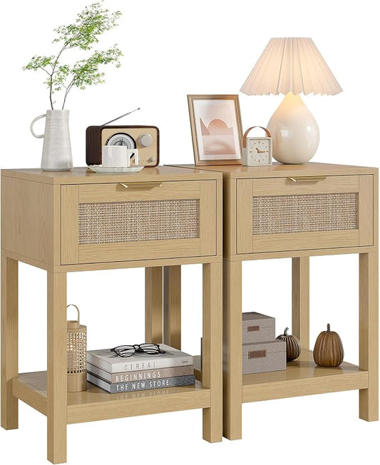 Alohappy Rattan Nightstand Set 2, Boho End Table with Drawer and Storage Open Shelf, Farmhouse Cane Accent Bedside Night Stands for Bedroom, Dorm, Small Space, Sofa (2pcs, Natural Oak) by Alohappy
