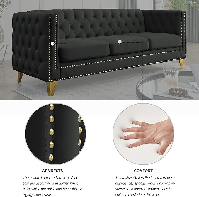 KEIKI Tufted Velvet 3+3 Seat Sofa Couch for Living Room, Buttons Tufted Square Arm Couch for Home Apartment, Black