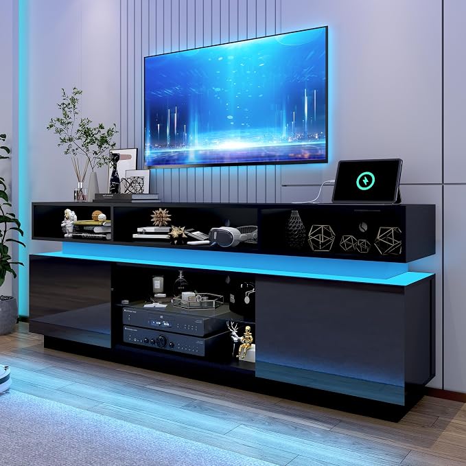 chartustriable LED TV Stand for 75 Inch TV, Modern Tall Entertainment Center with Power Outlets, High Gloss TV Stand, Gaming TV Media Console with Glass Shelf for Living Room, 63 Inch, Black - Image 6