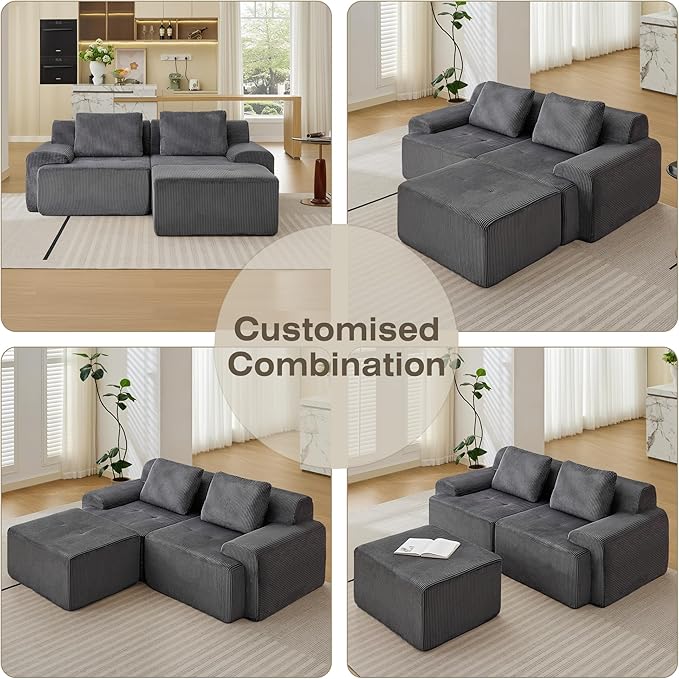 Modular Sectional Sofa, Boneless Couches for Living Room, Corduroy Couch, Big Comfy Couch, Modular Cloud Sofa with Deep Seat (Grey, 3 Pieces-L Shape)
