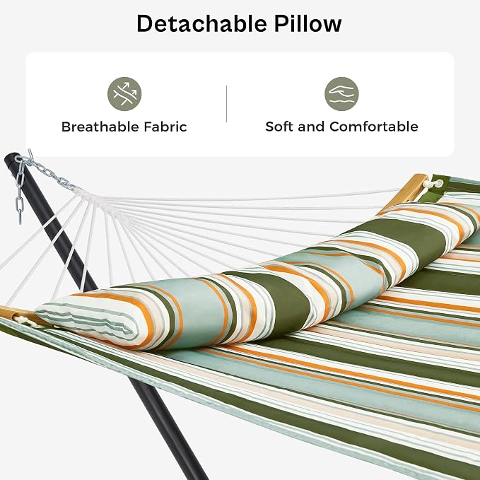SUPERJARE Hammock with Stand, 2 Person Heavy Duty Hammock with Padded Cotton, Detachable Pillow & Strong Curved-Bar & Portable Carrying Bag, Perfect for Outdoor & Indoor, Retro Green - Image 4
