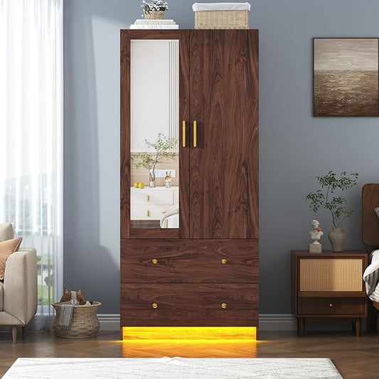 chartustriable 2 Doors Armoire Wardrobe Closet with Mirror, LED Closet with Doors and Drawers, Wooden Wardrobe Storage Cabinet with Hanging Rod, Small Armoire, Brown