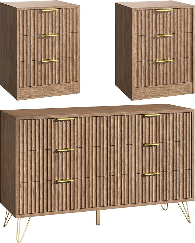 6 Drawer Dresser and Nightstand Sets for Bedroom, 3 Pcs Fluted Bedroom Set, 3 Drawer Night Stand Set of 2 & 6 Drawer Dresser with Golden Handles, Wood Chest of Drawers Cabinet Set, Natural Oak
