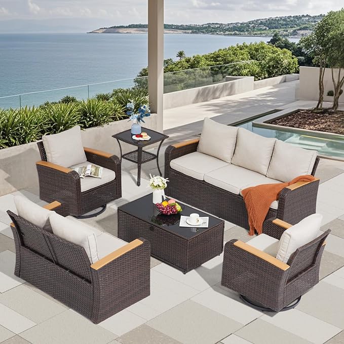 6 Pieces Patio Furniture Sets with Swivel Chairs, Wicker Outdoor Furniture Set for Porch Deck Bistro Lawn Garden Backyard Poolsid- Brown Rattan/Khaki