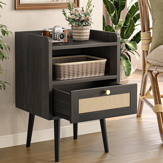 MECHYIN Night Stand Set 2, Nightstands Set of 2 with Charging Station, Rattan Side Tables with Solid Wood Legs, Boho Bedside End Table for Apartment Bedroom Dorm Small Space - Image 2