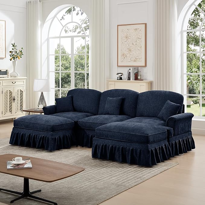KEIKI Mid Century Modular Sofa with Flared Arms and Skirted Design, 107” Oversized 3-Seater with 2 Ottomans Luxury Chenille U-Shaped Sectional Couches for Living Room, Chaise Lounge Indoor, Blue