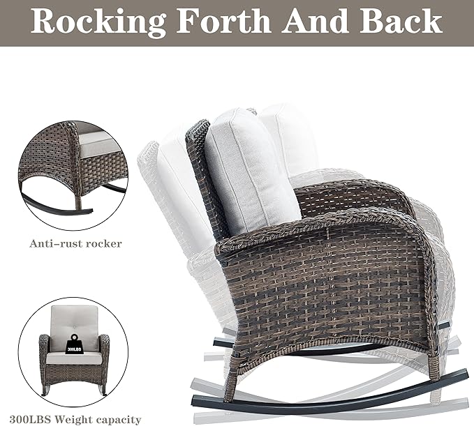 Belord Patio Rocking Chairs Furniture Set - 5 Piece Outdoor Wicker Furniture Sets with Ottomans, Small Patio Conversation Sets with Wicker Rocking Chairs Brown/Beige