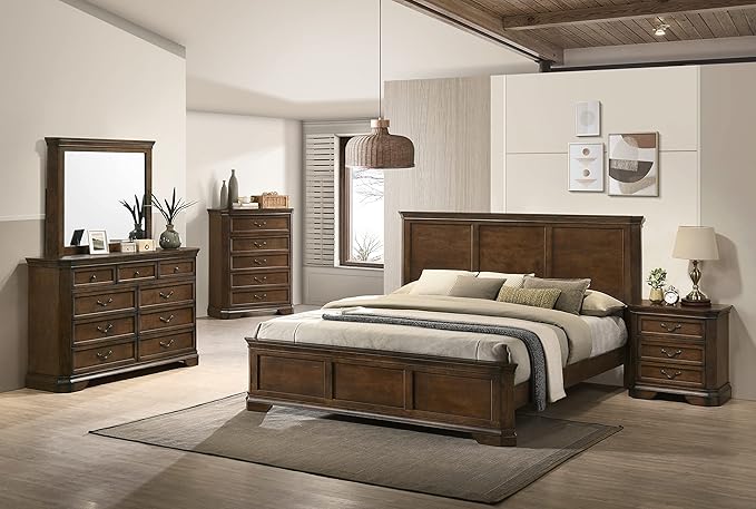 Roundhill Furniture Maderne Traditional Wood Panel Bed with Dresser, Mirror, Two Nightstands, Chest, King, Antique Walnut Finish