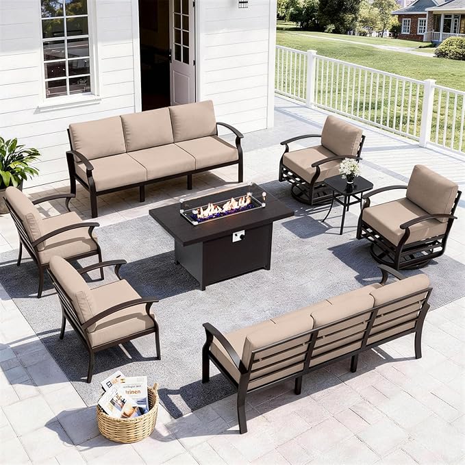 ALAULM Aluminum Patio Furniture Set with Propane Fire Pit Table 10-seat Metal Outdoor Furniture w/Fire Pit Patio Sectional w/5.1" Cushions for Patio, Backyard, Poolside-Sand
