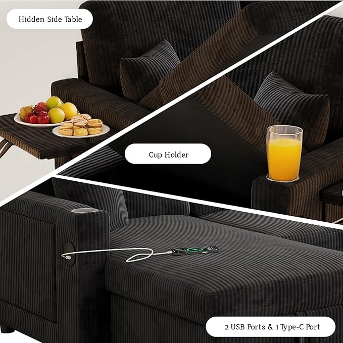 Rovibek 83" Convertible Sofa Bed Couch with Storage & USB Port – 4 in 1 L Shaped Sofa with Pull Out Couch Bed, Side Table, Cup Holder for Living Room, Apartment, Office, Small Spaces, Black