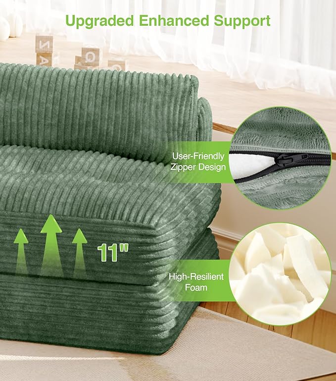 Plush Corduroy Folding Sofa Bed, Free Setup Floor Beds, 34" Boneless Couch for Small Spaces, Corner Chair, Convertible Sleeper Chair, Corner Couch, Foldable Sleeper Sofa Beds, Green