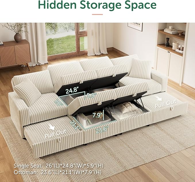 HONBAY 121.3 Inch Modular Sectional Sleeper Sofa with Pull Out Bed, Convertible L & U Shaped Couch with Storage & Adjustable Backrest, Velvet White