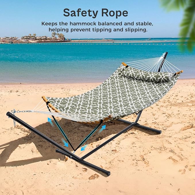 SUPERJARE Hammock with Stand, 2 Person Heavy Duty Hammock with Padded Cotton, Detachable Pillow & Strong Curved-Bar & Portable Carrying Bag, Perfect for Outdoor & Indoor, Grey with White Flower - Image 5