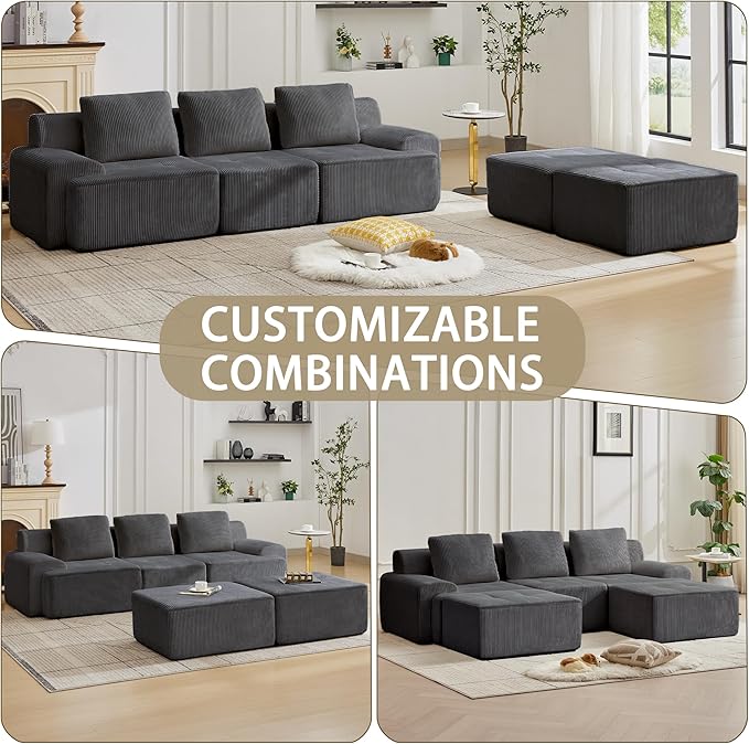 Modular Sectional Sofa with Movable Ottoman, 3 Seat Deep Seat Couch with 3 Pillows, Comfy Cloud Sectional Sofa for Living Room, Bedroom and Apartment (Grey, 1 Left+1 Right+1 Middle+2 Ottoman)