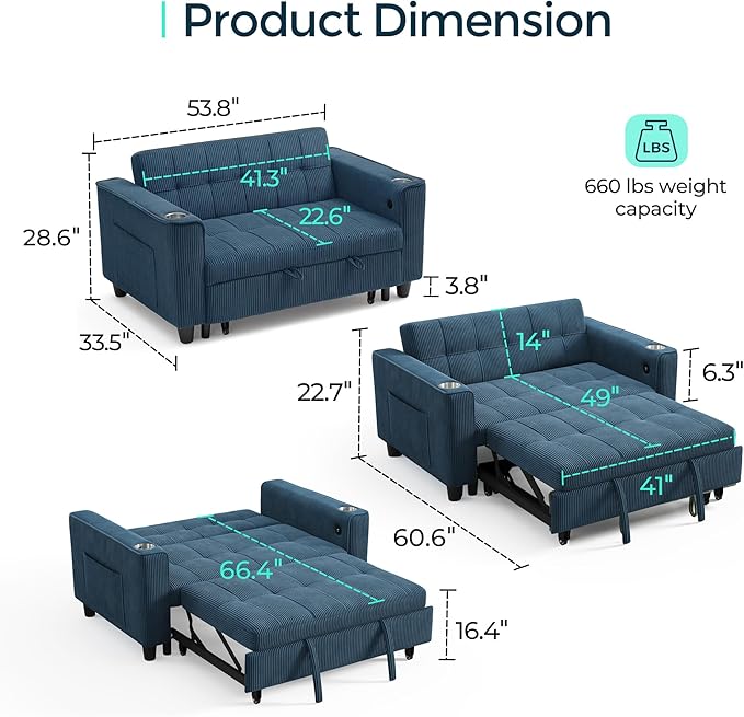 LINSY Sleeper Sofa Bed, 54" Pull Out Couch with Charging Station & Cup Holder, Small 3 in 1 Convertible Loveseat Sleeper Couch for Apartment, Dorm Room, Bedroom and Small Space, Corduroy Blue