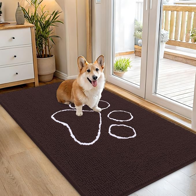 OLANLY Dog Door Mat for Muddy Paws 54x32, Paw Print Design, Absorbs Moisture and Dirt, Absorbent Non-Slip Washable Doormat, Quick Dry Chenille Mud Mat for Dogs, Entry Indoor Entryway Carpet, Brown by OLANLY