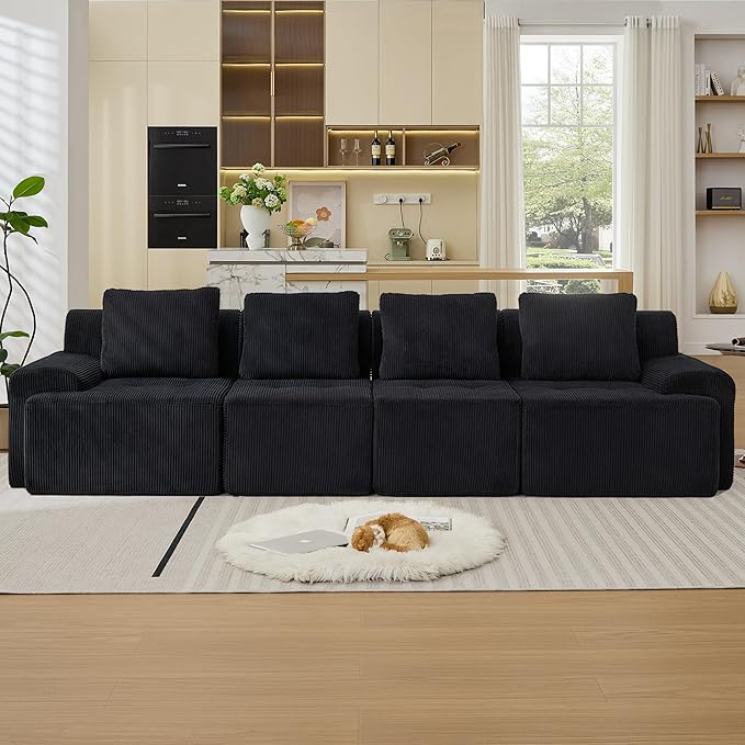 Modular Sectional Sofa, 6 Seat Modular Couch, Modular Sofa with Deep Seat and Detachable Pillow (Black, 4 Pieces-Rowshape)