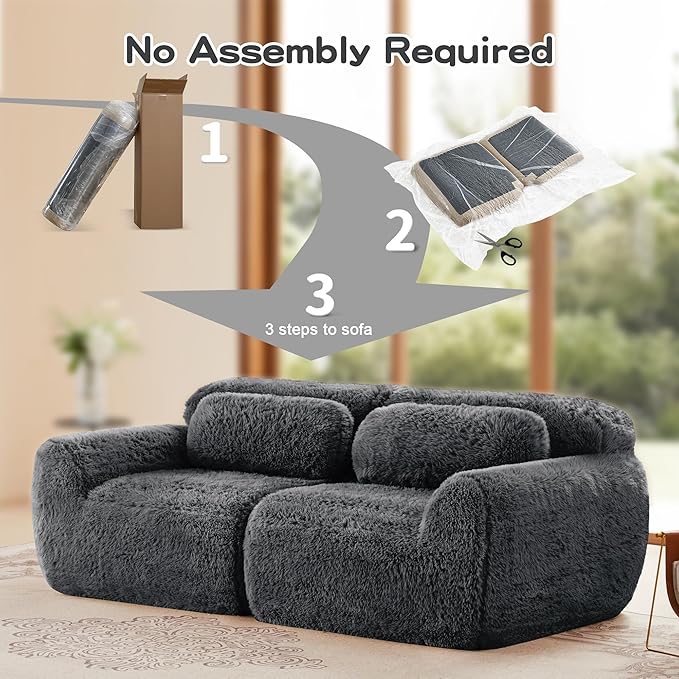 80.4-Inch Boneless Love Seat Couches in a Box, Modern 2 Seat Floor Modular Foam Cloud Sofa Faux Fur Loveseat Couch W/Angle Armrests for Home Apartments Bedroom
