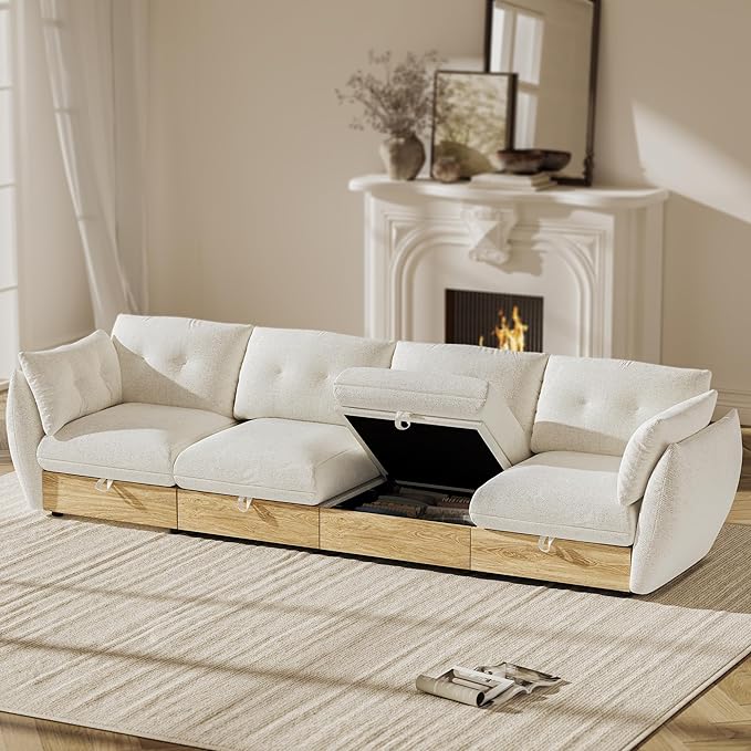 126" 4-Seater Cloud Couch Sectional Modular Sofa with Storage, Cotton and Linen Fabrics Modern Oversized Deep Seat Sofa with Armrest Pillow, Easy Assembly for Living Room, Apartment, Ivory