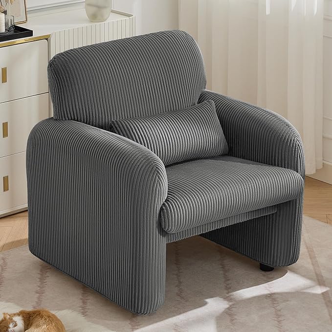 WUTUTUEE Corduroy Fabric Accent Chair, Modern Upholstered Living Room Chairs with Lumbar Pillow, Wide Comfy Leisure Armchair for Bedroom, Office, Reading, Grey