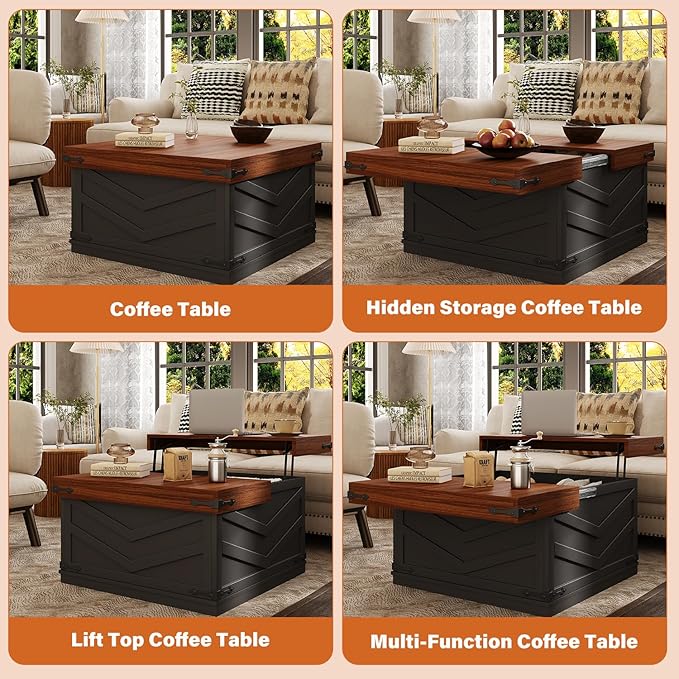 31.5'' Lift Top Coffee Table, Sliding Top Square Center Table with Large Hidden Storage Organizer, Multi-Functional Farmhouse Coffee Tables for Living Room, Bedroom, Home Office, Black