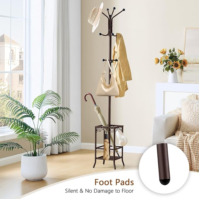 Hoctieon Coat Rack Freestanding, Coat Tree with Umbrella Holder, Metal Coat Rack Stand with 12 Hooks, Standing Coat Hanger Stand, Umbrella Stand for Entryway, Hat Rack Stand for Home Office, Brown - Image 6