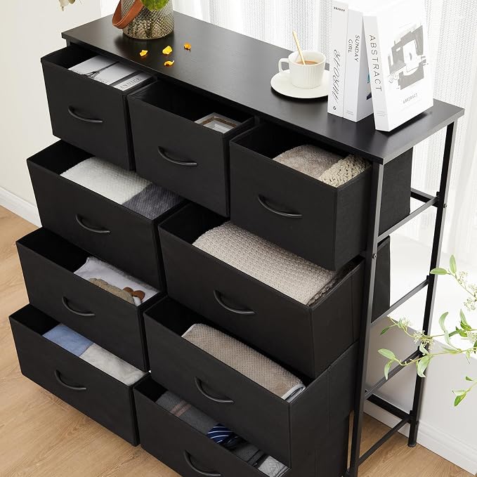 Sweetcrispy Dresser for Bedroom with 9 Storage Drawers, Tall Large Fabric Storage Tower Organizer, Chest of Drawers with Metal Frame Wooden Top for Closet, Living Room, Entryway, Black - Image 8