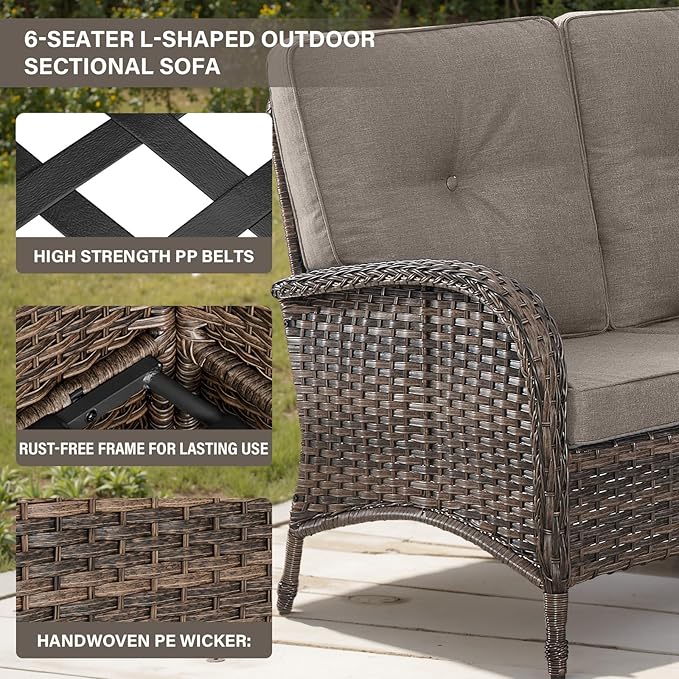 Belord Outdoor Furniture Set - 6 Pieces Patio Conversation Sectional Sofa Set with Patio Rocking Chairs Set of 2 and Wicker Coffee Table for Deck Backyard Sunroom Brown