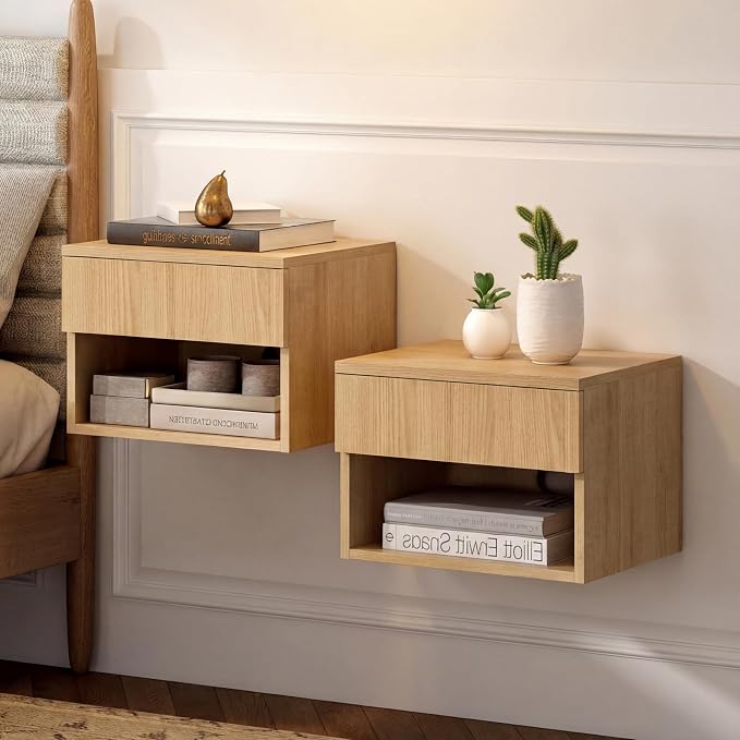 JONATHAN Y Ettore 15.71" Mid-Century Modern Floating Wall Mounted Nightstand with Soft-Close Drawer and Cable Hole, Light Oak (Set of 2) (NST2002C-SET2) - Image 2