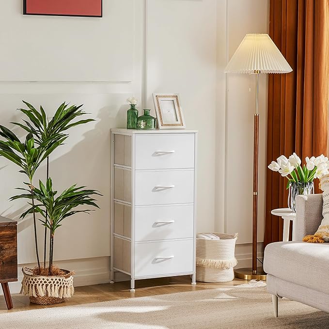 Simple Deluxe 4 Drawer Dresser, Fabric Storage Tower Organizer with Sturdy Steel Frame and Wood Top, Easy Pull Handles, for Bedroom, Entryway, Hallway, White