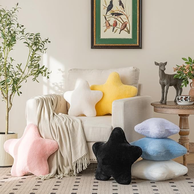 Star Pillow, Decorative Throw Pillow with Plush for Couch, Cute Decor Pillows for Bed, Aesthetic Star Shaped Pillow Fun Cushion for Sofa Living Room (Ivory White, 14.9 Inches)
