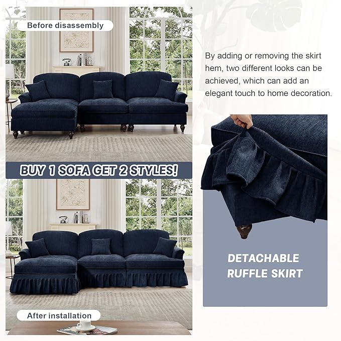 KEIKI Mid Century Modular Sofa with Flared Arms and Skirted Design, 137“ Oversized 4-Seater with Ottoman Luxury Chenille L-Shaped Sectional Couches for Living Room, Chaise Lounge Indoor, Blue