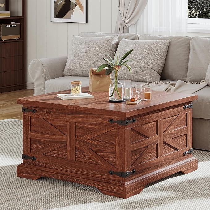 Farmhouse Coffee Table with Storage, Square Center Table for Living Room, Hinged Lift Top Soft Close, Wooden Large Hidden Storage with Metal Corner, Cherry Wood
